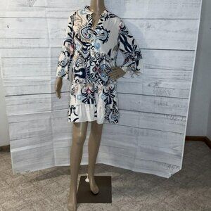 White Printed Tribal Print Bracelet Sleeve Buttoned Mini Dress